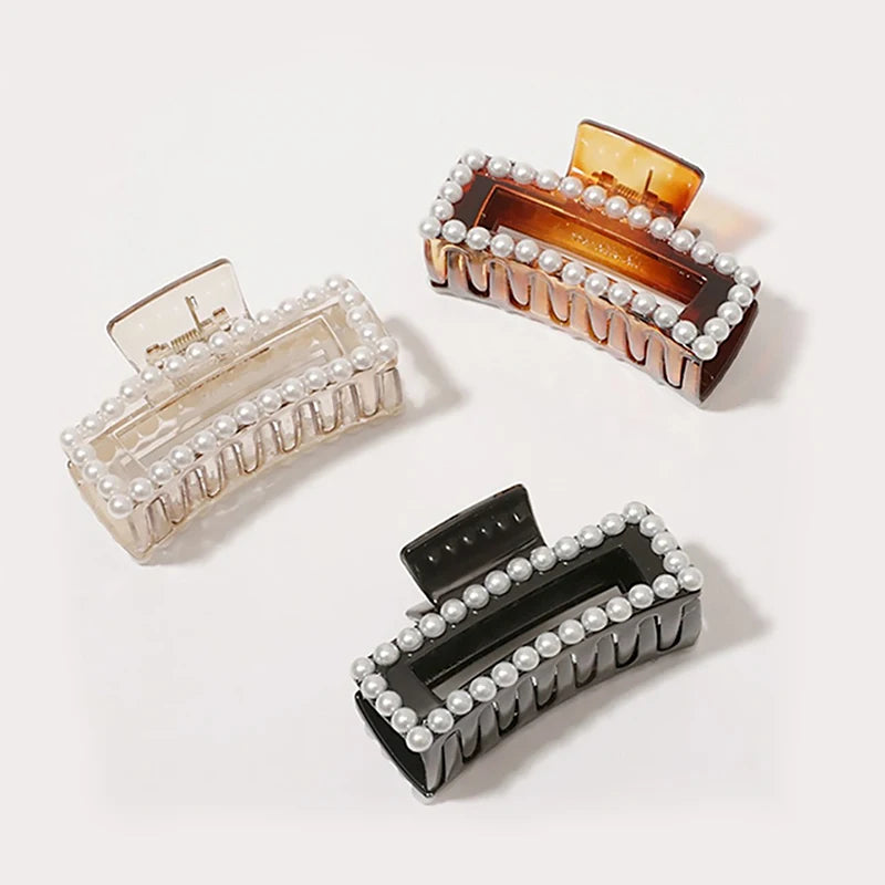 Wholesale Korean Women Hairpin Elegant Simple Lady Hair Clip White Freshwater Square Acrylic Pearl Hair Claw