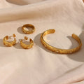 Dreamshow Engraved Sun Moon Star Cuff Bangle Bracelet Women Zircon Stainless Steel Hoop Earring Ring Jewelry Set
