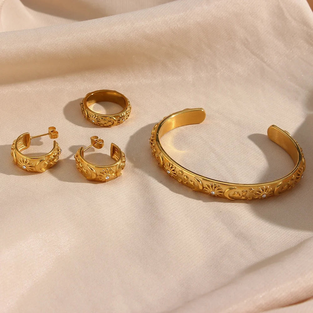 Dreamshow Engraved Sun Moon Star Cuff Bangle Bracelet Women Zircon Stainless Steel Hoop Earring Ring Jewelry Set