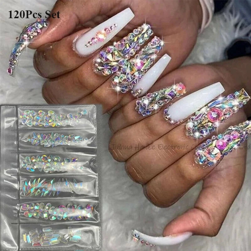 GREENKEM  6Slot Set Mixed 3D Clear AB Diamond Nail Rhinestones Art Decorations Shiny Stones Charm Nail Crystal Rhinestone