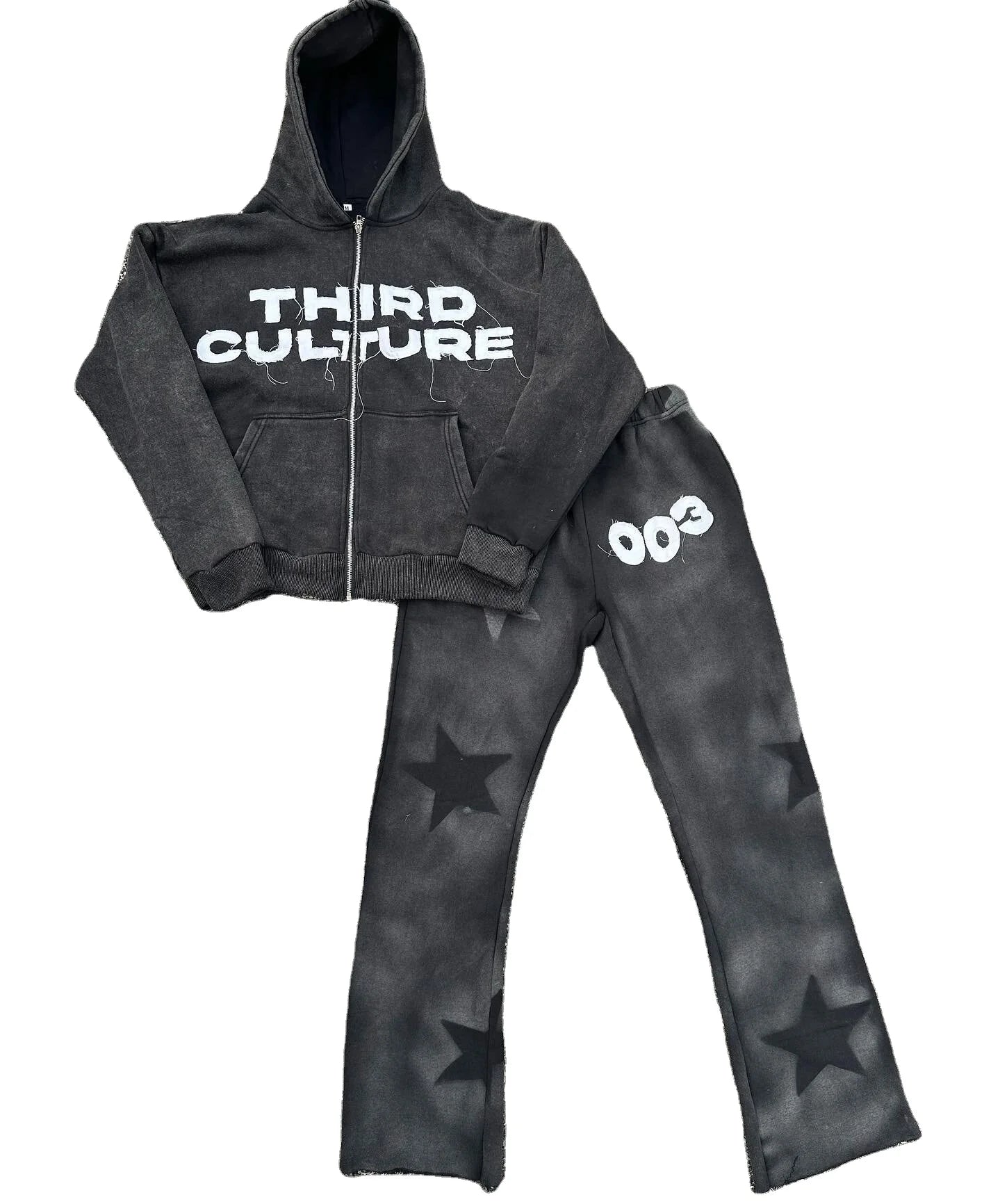 Acid Wash Casual Quick Dry Sweat Suits Cotton Thick Zip Applique Embroidery Patch Flared Full Tracksuits Hoodies Sweatpants Sets