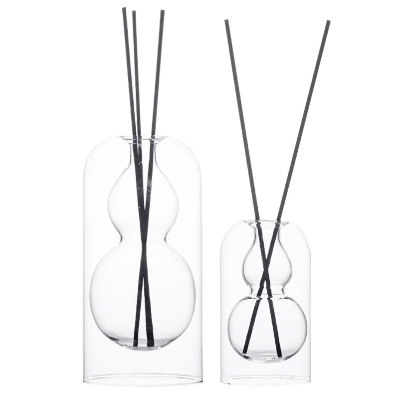 Luxury Clear Gourd Shape Double Wall Borosilicate Glass Aromatherapy Diffuser Bottle Easy Open End 100pcs Screen Printing Carton