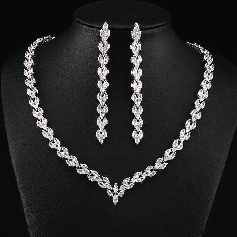 Luxury Shining Horse Eye Zircon Choker Jewellery Long Necklace Clavicle Chain Earring Set Wedding Bridal Jewelry Sets Wholesale