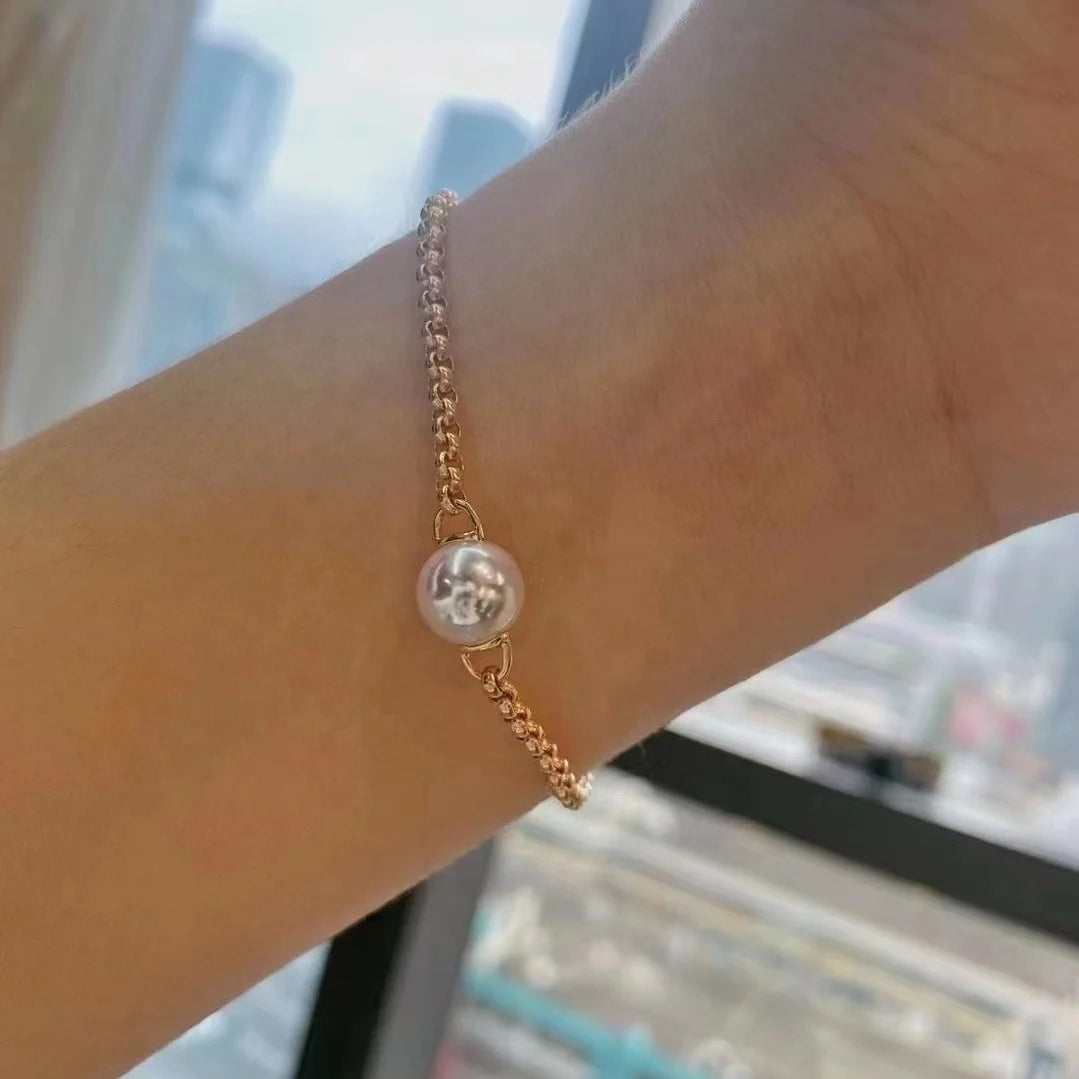 B463 9-10mm 925 Sterling Silver Gold Plated Wholesale Freshwater Pearl Charm Bracelet  Bangle Fancy Jewelry for Women
