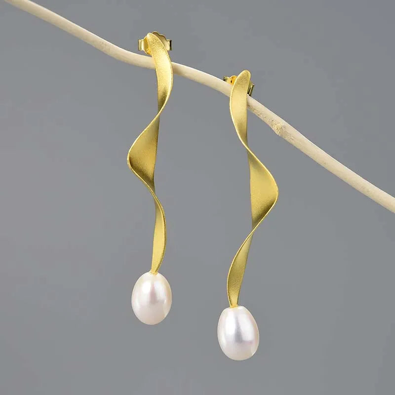 Lotus Fun Handmade New Pure 925 Sterling Silver Twisted 18k Gold Plated Fresh Water Pearl Earrings Fine Jewelry for Women