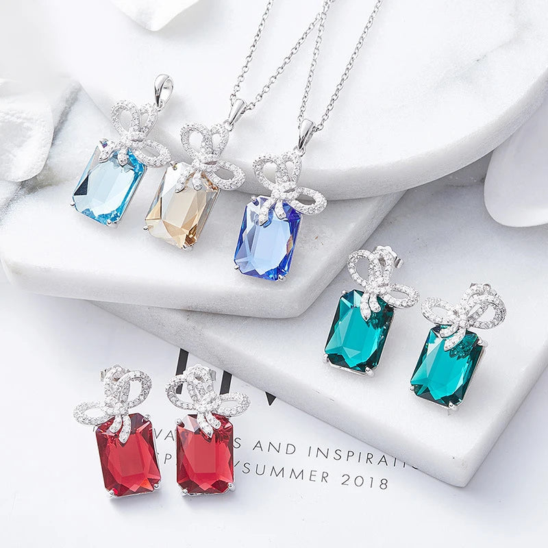 Fashion 925 Sterling Silver Jewelry Sets Earring Necklace Set for Wedding Jewelry Flower Bridal Women Colorful Crystal Stone