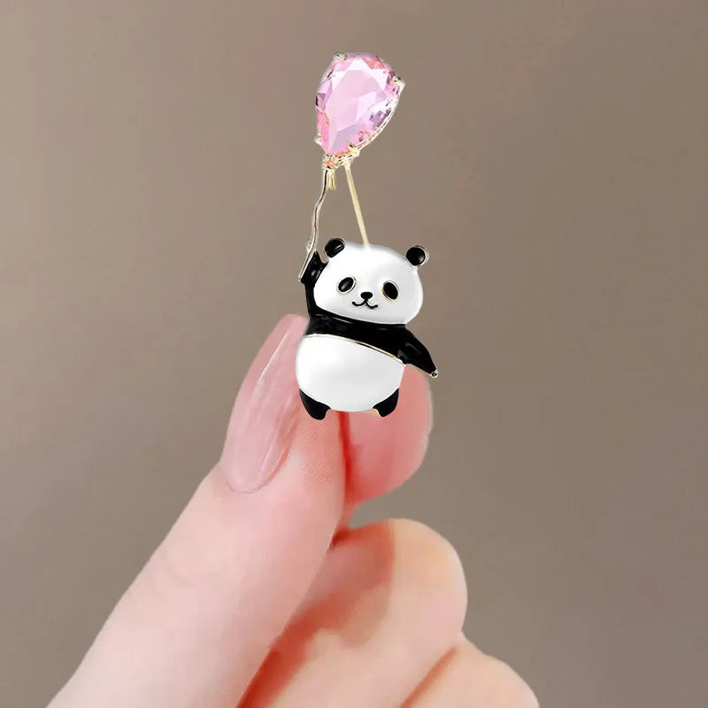 Cute White Enamel Panda Designer Brooch Pink Rhinestone Balloon Panda Women Brooch for Gift