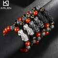 KALEN Vintage Lucky Black Red Striped Flower Agate Stainless Steel Feng Shui Pixiu Bead Bracelet for Men