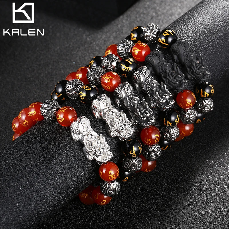 KALEN Vintage Lucky Black Red Striped Flower Agate Stainless Steel Feng Shui Pixiu Bead Bracelet for Men
