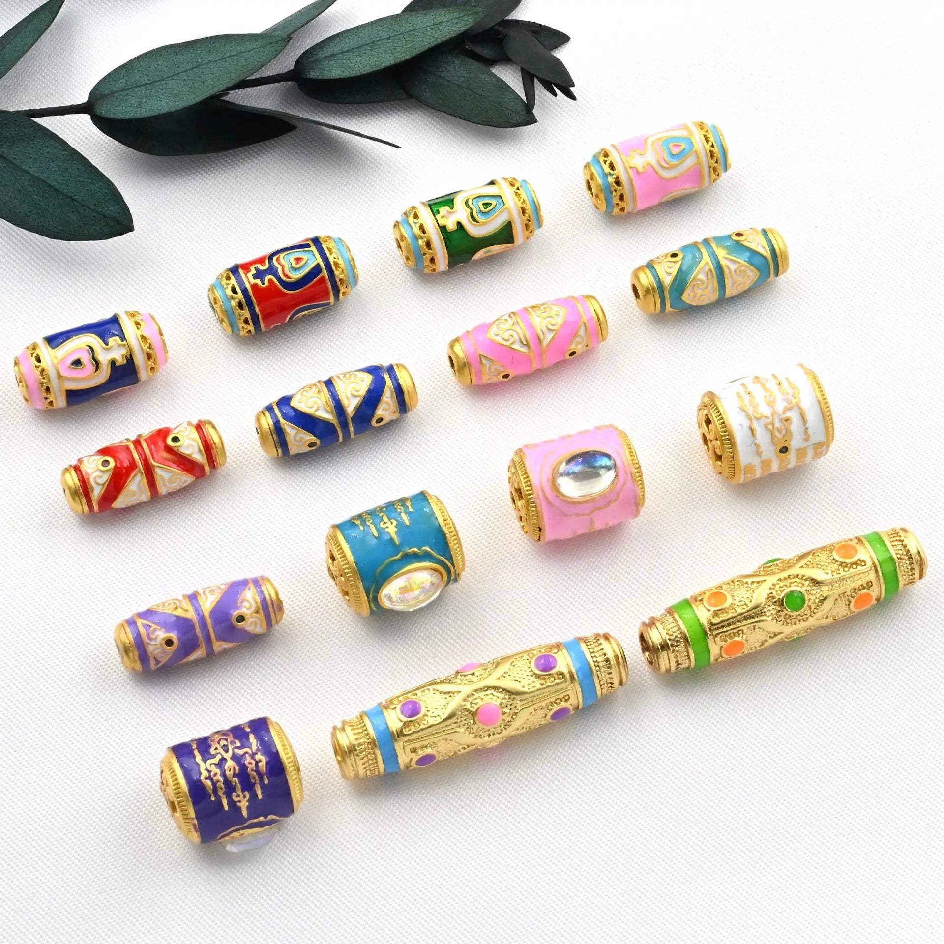 Vintage Blue Enamel Gold Cloisonne Cylinder Beads Om Mani Padme Hum Mantra Buddhism Prayer Jewelry Loose Metals Barrel Drum Tube