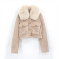 QIUCHEN QC22079 Autumn Winter Casual Luxury Women Cashmere Woolen Cropped Jacket with Real Fox Fur Collar
