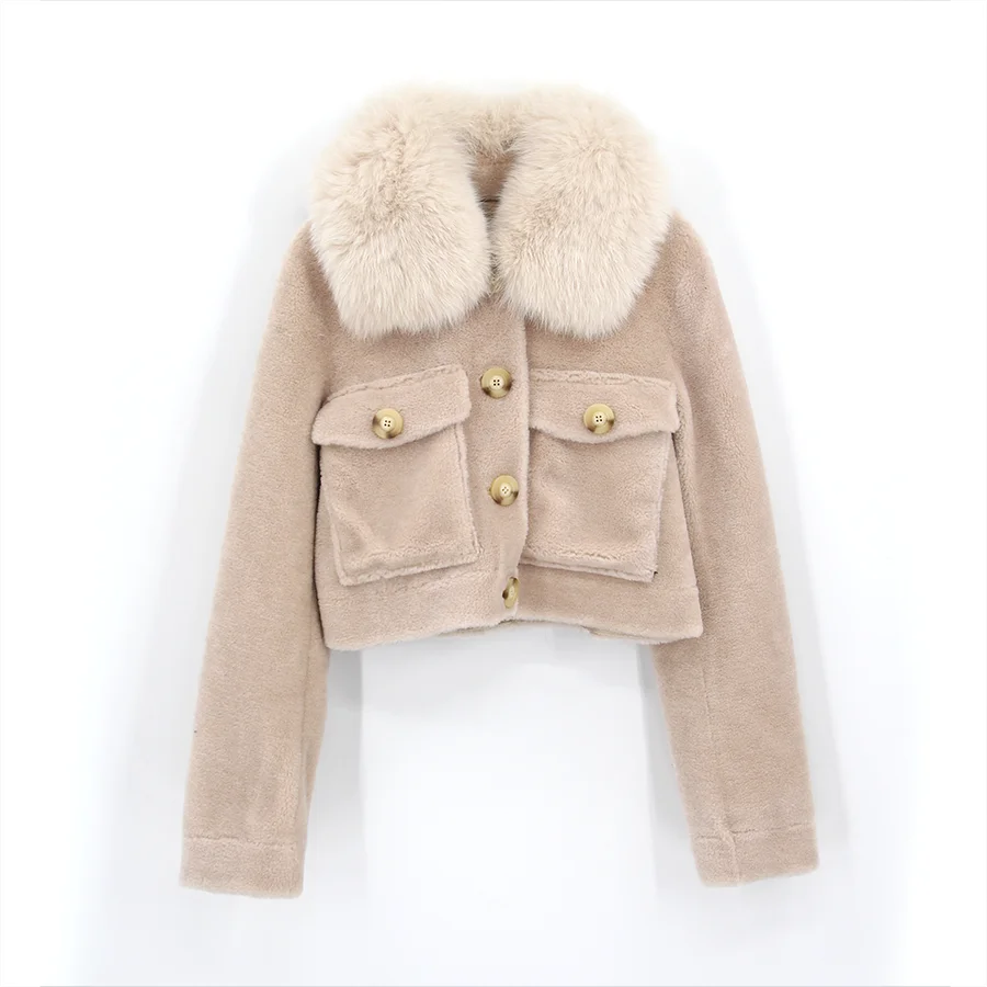 QIUCHEN QC22079 Autumn Winter Casual Luxury Women Cashmere Woolen Cropped Jacket with Real Fox Fur Collar