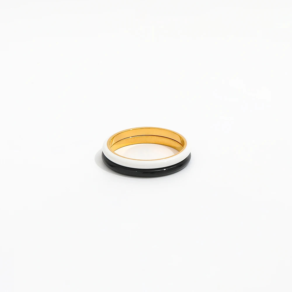 Joolim Jewelry 18K Gold Plated Stainless Steel Black White Enamel Cambered Dainty Rings for Women