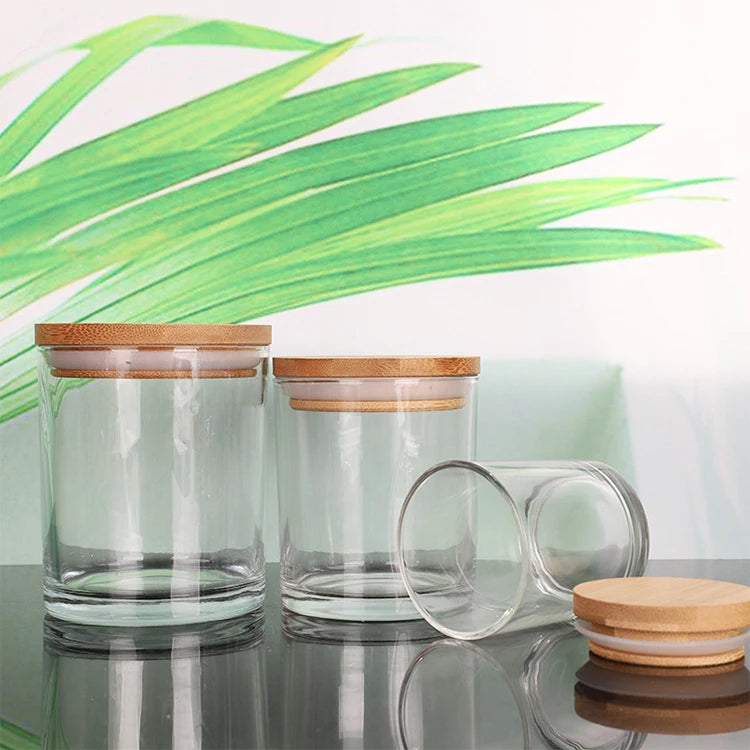 Professional Supplier Private Label Mini Small Transparent Clear Empty Glass Candle Jars With Bamboo Wooden Lids
