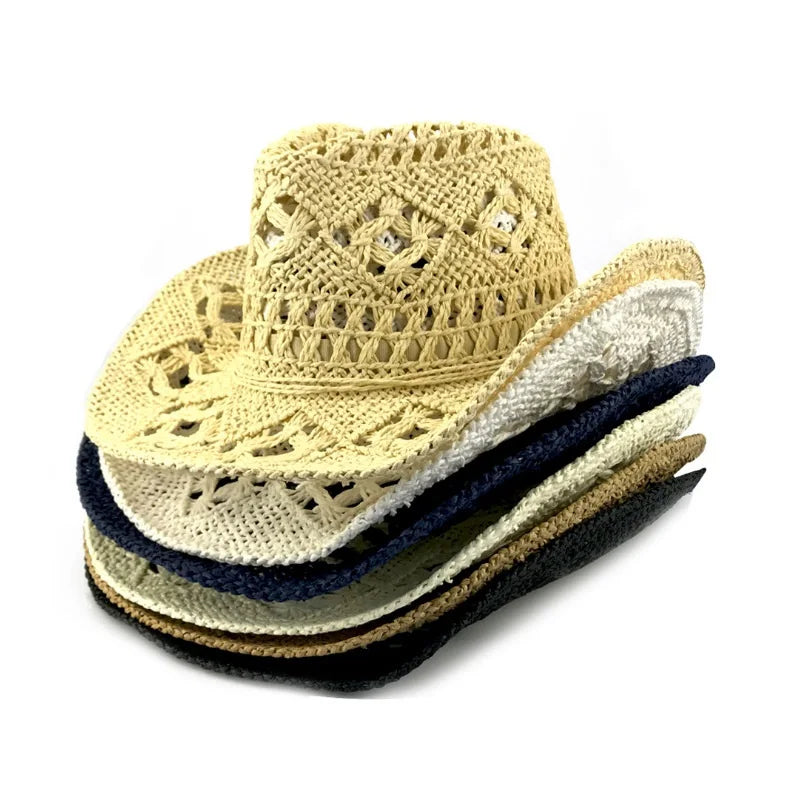 Wholesale Summer Paper Straw Cowboy Hats Hand Crochet Hollow Design for Unisex Adults Plain Western Style for Outdoor