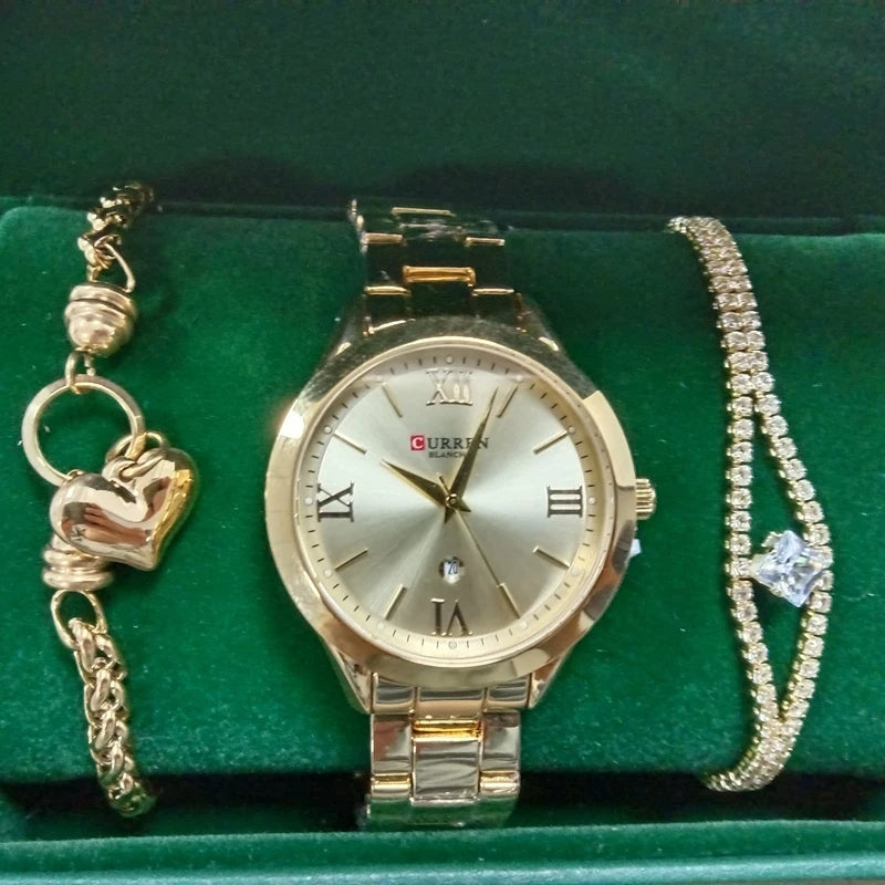 CURREN Women Set Three-piece Watch Bracelet Jewelry Hot Sale Simple Stainless Steel Quartz Watch Relojes