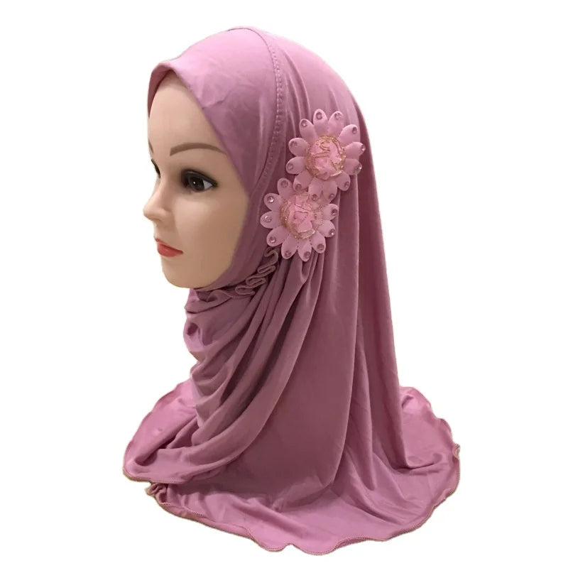 Beautiful Instant Hijab for 2-7 Years Old Muslim Girls Pull-On Amira Islamic Scarf Head Wrap Turban Shawl for Autumn