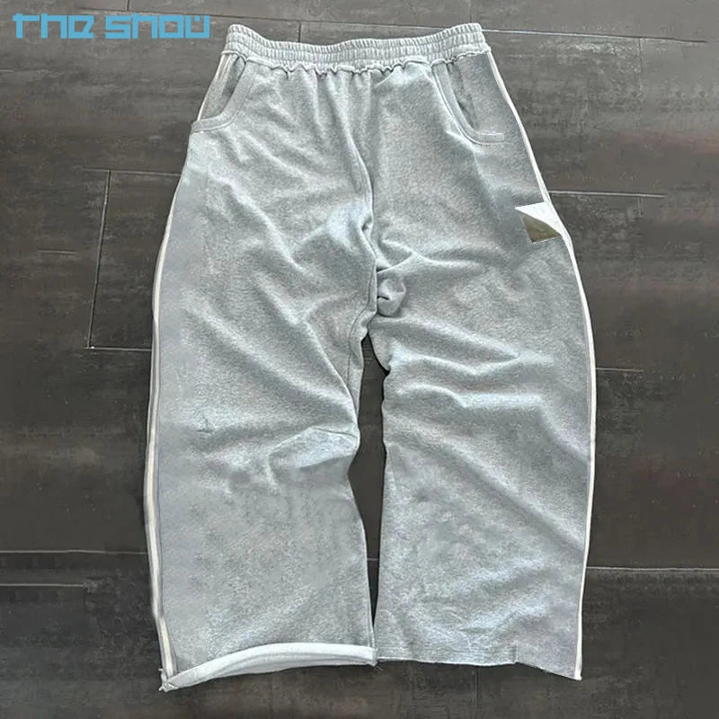 Custom Streetwear 100% Cotton French Terry Stripe Sweatpants Stacked Mens Wide Leg Baggy Sweatpants Flare Sweat Pants Men