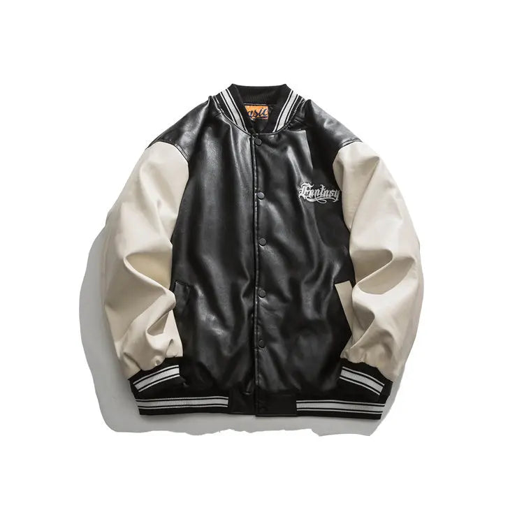 2021 Autumn Stand Collar Men's High Street Stitching Embroidered Leather Jacket Cotton Baseball Varsity Style Front Japanese