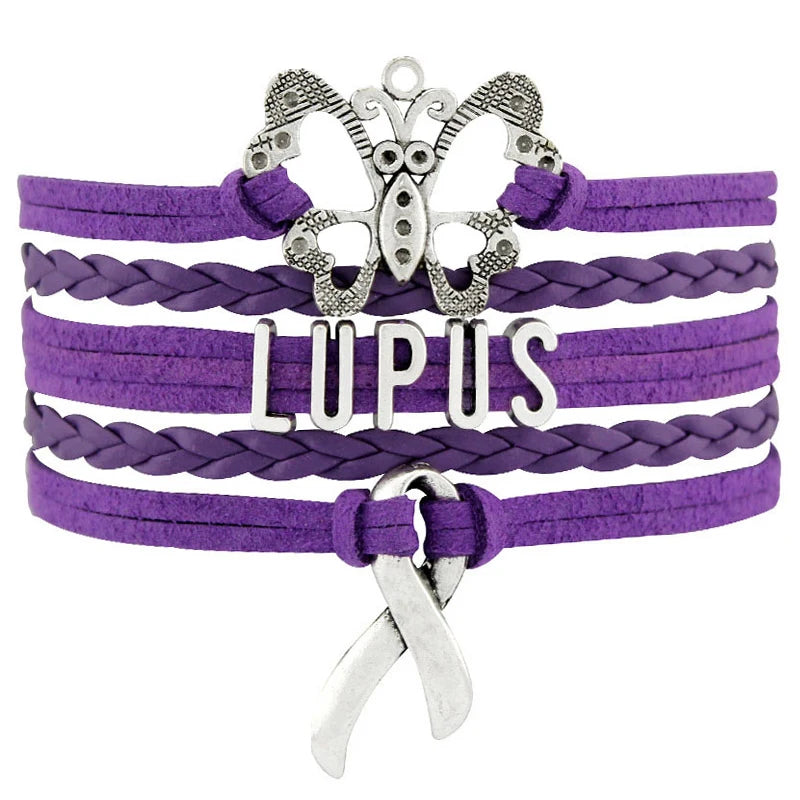 Love Faith Believe Hope Be Brave Cure Beat Lupus Awareness Fighter Survivor Lupus Mom Purple Ribbon Charm Leather Bracelet