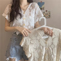 Blusas Mujer De Moda Embroidery Crochet Floral Lace Blouses Women V Neck Slim Waist Short Sleeves Blouse Tops Female