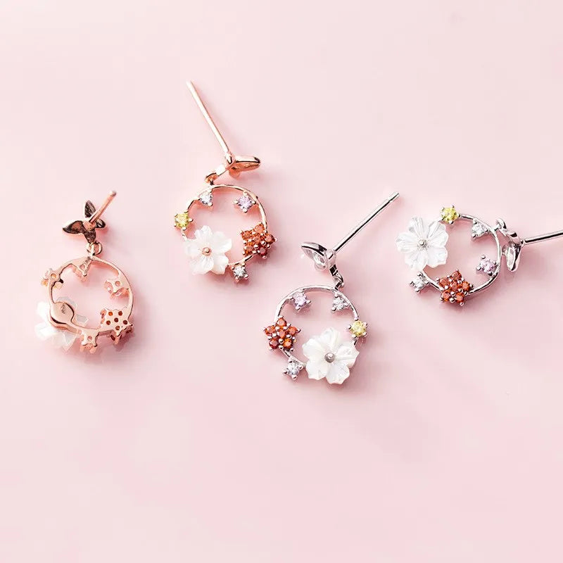 Fashion Women 925 Sterling Silver Butterfly Shell Flower Shape Rose Gold Plated Cubic Zircon Stud Earrings Wholesale Jewelry