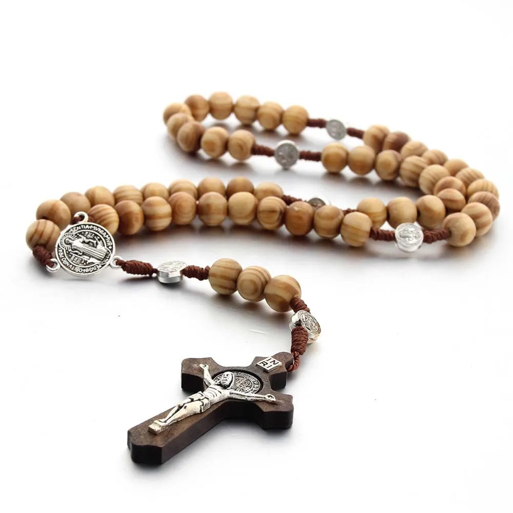 Religion Catholic Alloy Silver Virgin Mary Charm Necklace Wooden Beads Rosary Jesus Cross Necklace