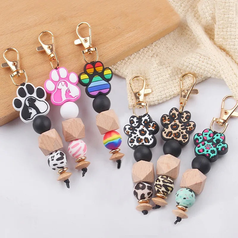 Focal DIY Cartoon Dog Paw Silicone Beads Keychain Sleutelhanger Pendant Bag Accessories with Metal Doll Pattern