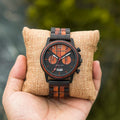Custom Logo Sport Business Fashion Men's Stainless Steel Case Chronograph Water Resistant Adjustable Wooden Band Watches
