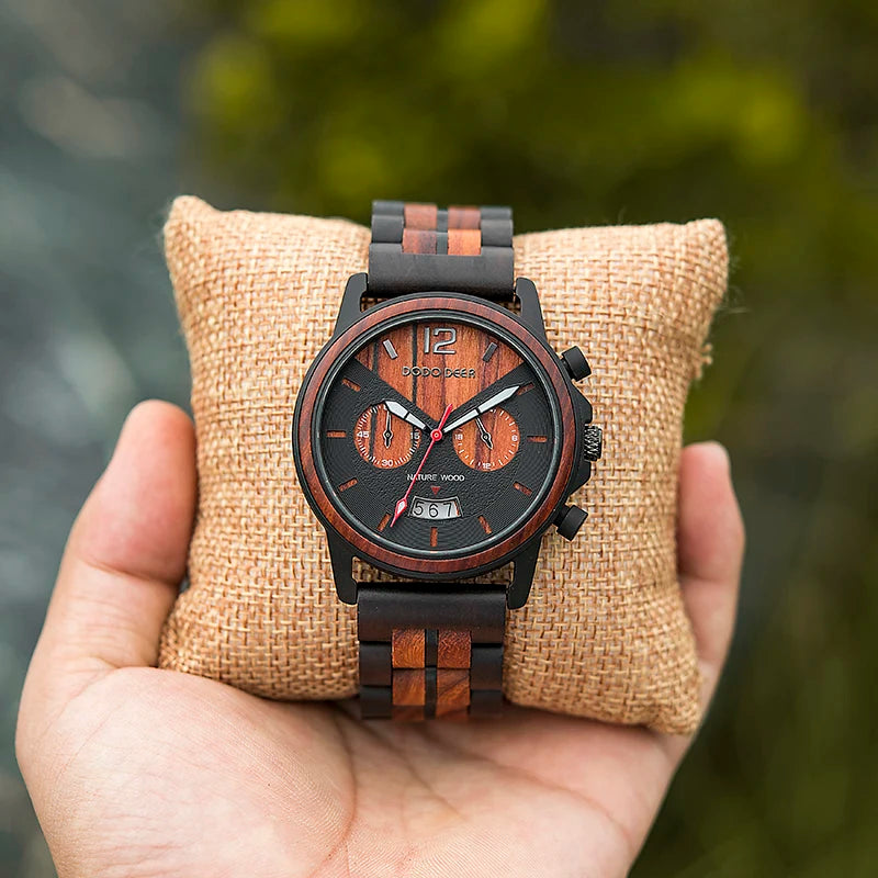 Custom Logo Sport Business Fashion Men's Stainless Steel Case Chronograph Water Resistant Adjustable Wooden Band Watches