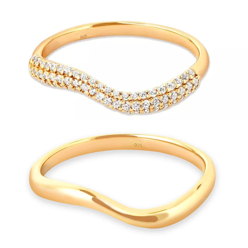 Women's Classic Style 925 Silver and 18K Gold Vermeil Cubic Zirconia and Pave Diamond Wave Rings Fashion Jewelry Eternal Band