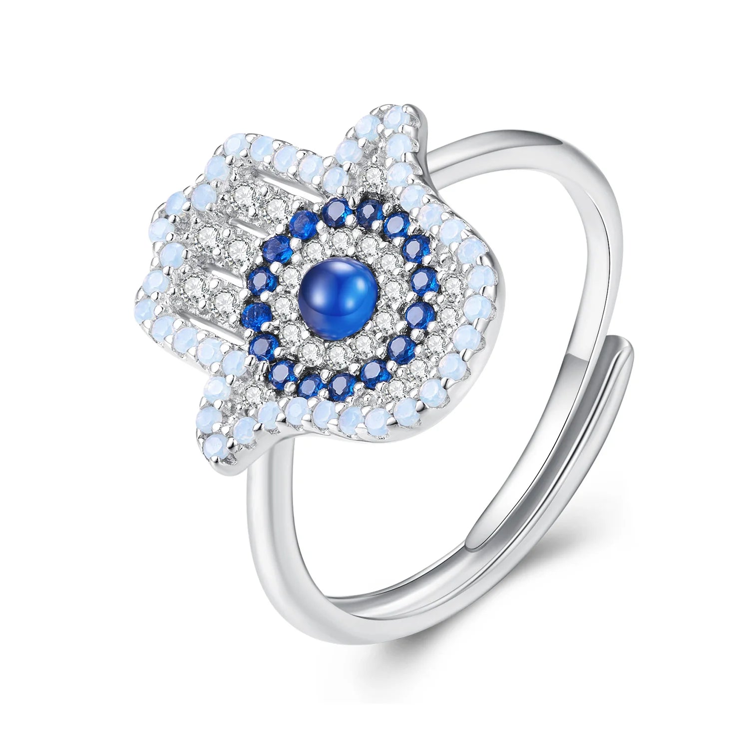 925 Sterling Silver Fatima Hand Opening Ring Blue Zircon Guard Adjustable Fine Jewelry for Women for Weddings-BSR377