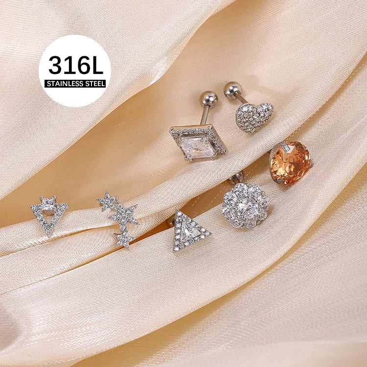 Wholesale Stainless Steel Stud Earrings for Women Luxury Silver Cubic Zircon with Gold Plating Fashionable Ear Studs