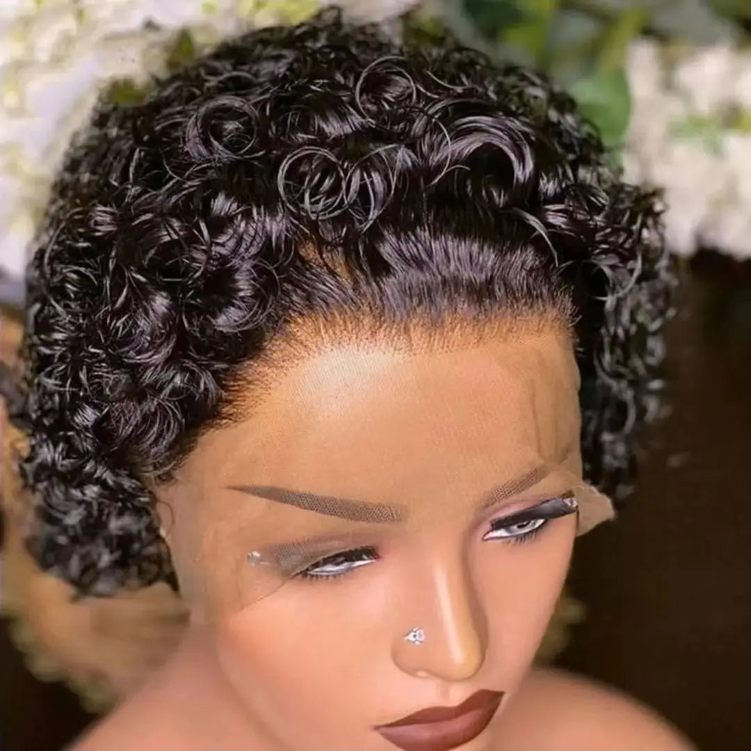Virgin Human Hair 13*1 Lace Front Wig for Pixie Cut Short Water Wave with Honey Blonde for Ombre T1b/27 Transparent Lace