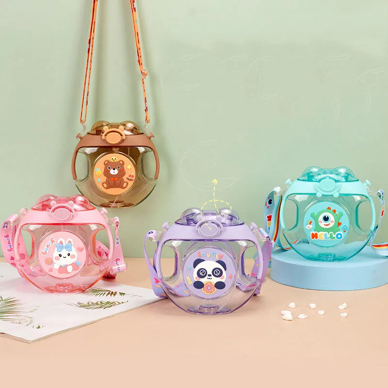 Wholesale Eco Friendly Plastic clear 450ml Spray Donut Cartoon Cute Kids  Double Drinking Handle Water Bottle Cups with Straw