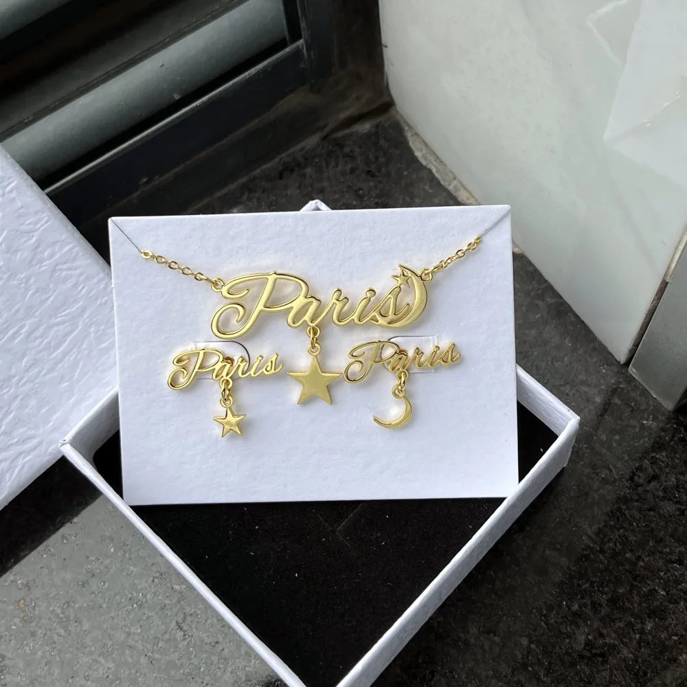QIUHAN ODM Letter Earring Studs Stainless Steel Jewelry Set Custom Name Star and Moon Necklace