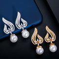 Elegant Cubic Zirconia Paved Gold Plated Big Drop Pearl Earrings for Women Vintage Bridal Wedding Jewelry Accessories