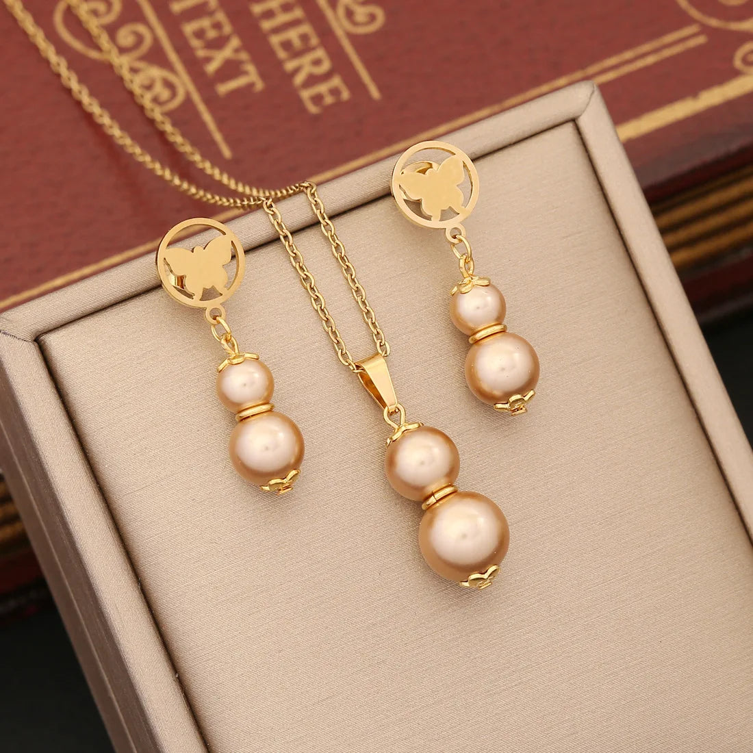 Unique Design Multicolor Stainless Steel Round Pearl Gourd Collarbone Necklace Earrings Set for Women N1183