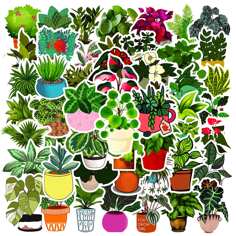 New 50Pcs VSCO Potted Plant Fresh Green Leaves Decorative Stickers for Wall Book Vinyl Greenery Sticker