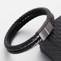 Wholesale Customized Stainless Steel Black Braided Genuine Leather Bracelet for Men Fashion Wrap Jewelry for Mens