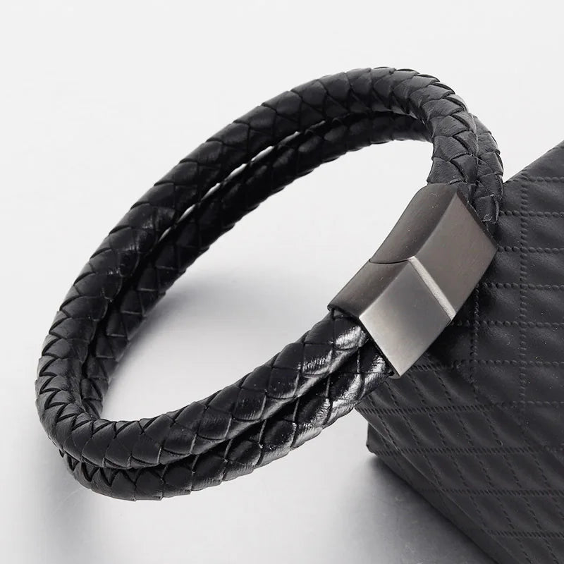 Wholesale Customized Stainless Steel Black Braided Genuine Leather Bracelet for Men Fashion Wrap Jewelry for Mens