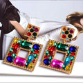 New Design Square Metal Colorful Crystal Dangle Drop Earrings High-Quality Fashion Glass Pendant Jewelry Accessories for Women