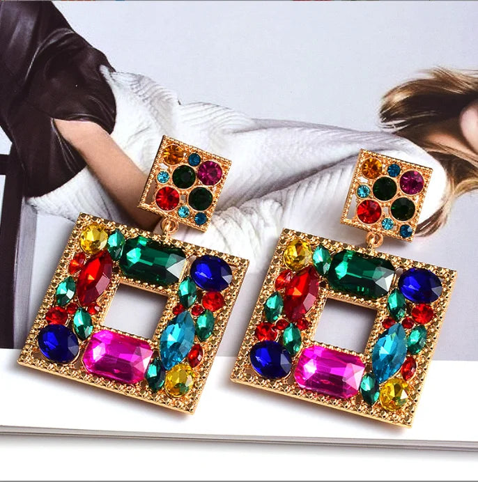 New Design Square Metal Colorful Crystal Dangle Drop Earrings High-Quality Fashion Glass Pendant Jewelry Accessories for Women