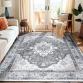 5x7 Vintage Boho Floral Medallion Low Pile Soft Area Rug Washable Non-Slip Grey Gray White Living Room Kitchen Bedroom Entryway