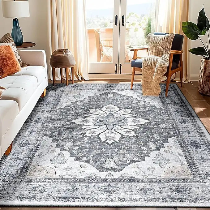 5x7 Vintage Boho Floral Medallion Low Pile Soft Area Rug Washable Non-Slip Grey Gray White Living Room Kitchen Bedroom Entryway