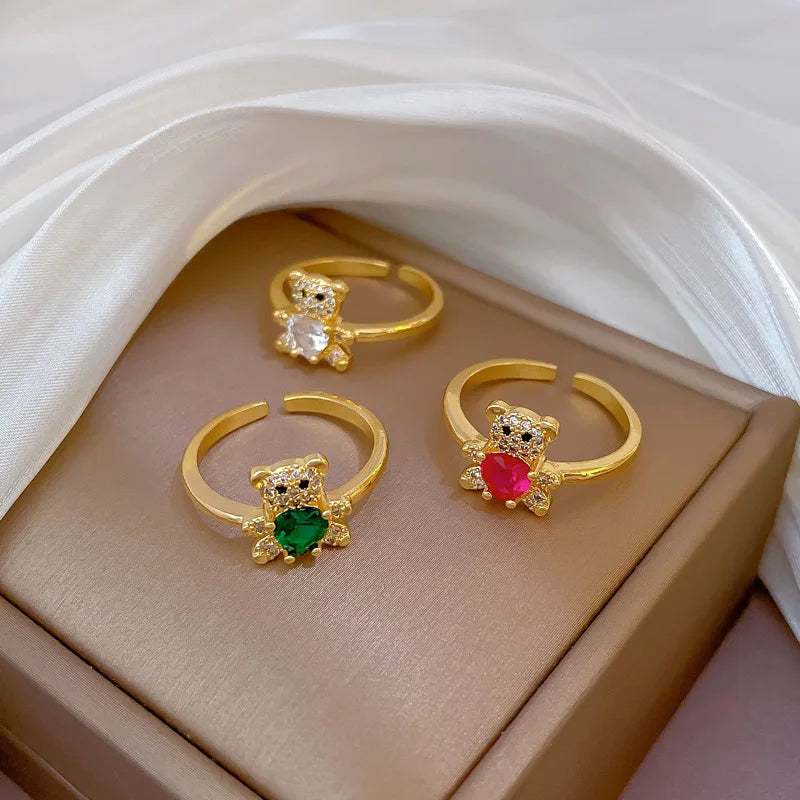 Trendy 18k Gold Plated Full Zircon Little Bear Diamond Inlaid Open Adjustable Finger Rings for Women Wedding Engagement Ring