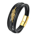 Fashion Dainty Gold Plated Stainless Steel Feather Charm Bracelet Multi-layer Hand-woven Genuine Leather Jewelry for Men Gift