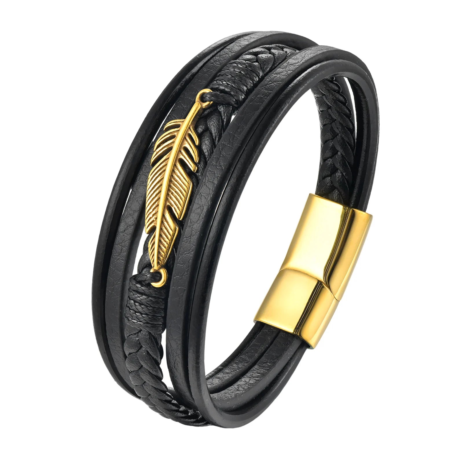 Fashion Dainty Gold Plated Stainless Steel Feather Charm Bracelet Multi-layer Hand-woven Genuine Leather Jewelry for Men Gift