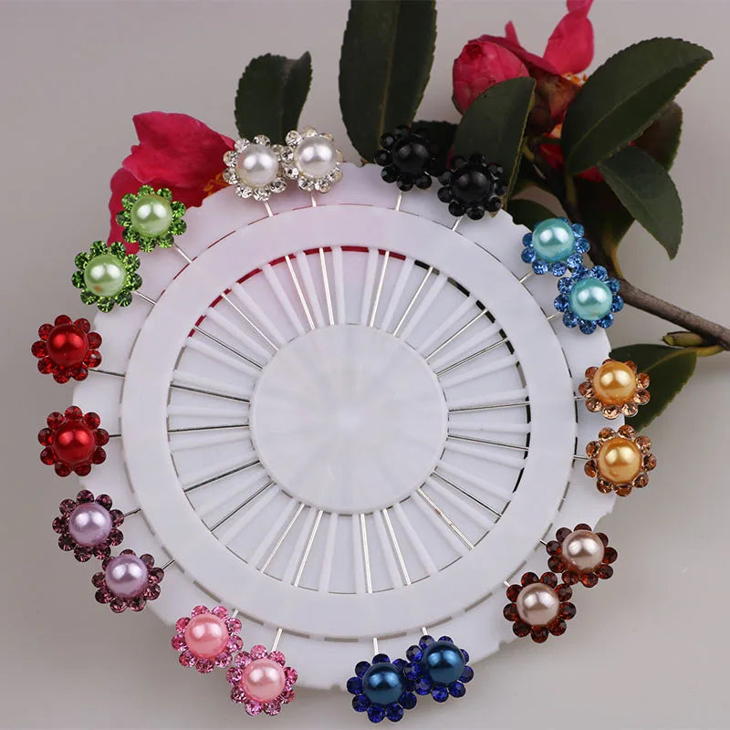 Muslim Accessories Pearl Crystal Diamond Wheel Brooch Long Pins Jewelry Clips Sewing Snag for Wedding Hijab Scarf Pins