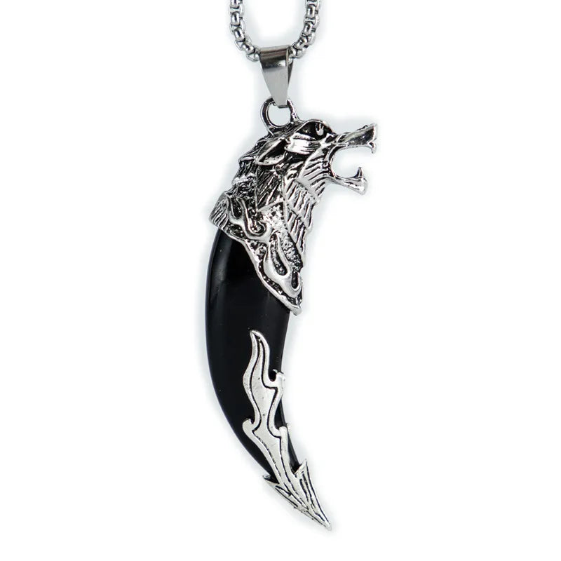 Wholesale Vintage Wolf Tooth Skull Pendant Necklace Stainless Steel With White and Black Resin for Men's Fashion Jewelry